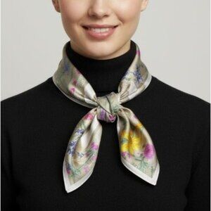 ⭐Elegant Silky Square Scarf Beige Gray Botanical Wildflower Print headband Hijab